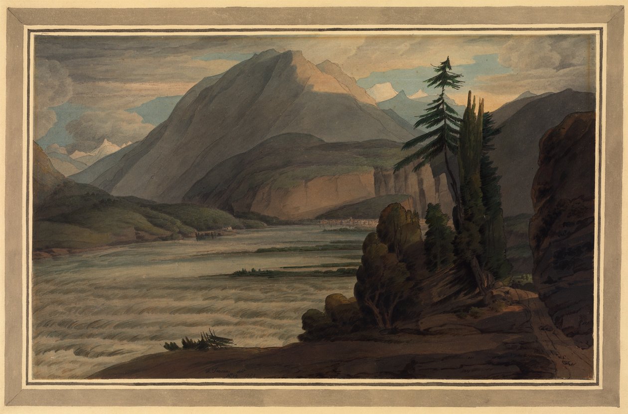 In the Valley of the Grisons, 1781 (pen & blæk, vask på papir) af Francis Towne
