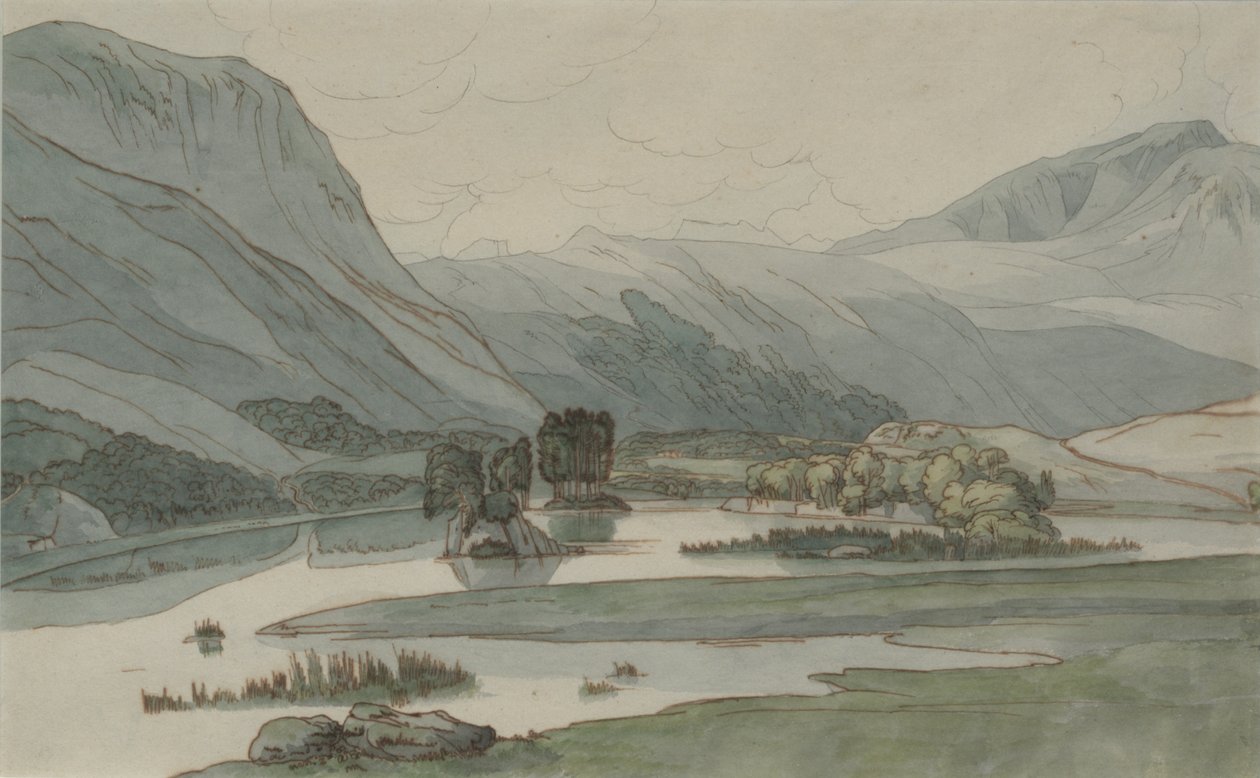Rydal Water with the Grasmere Hills, 1786 (blyant med pen og blæk og wc på papir) af Francis Towne
