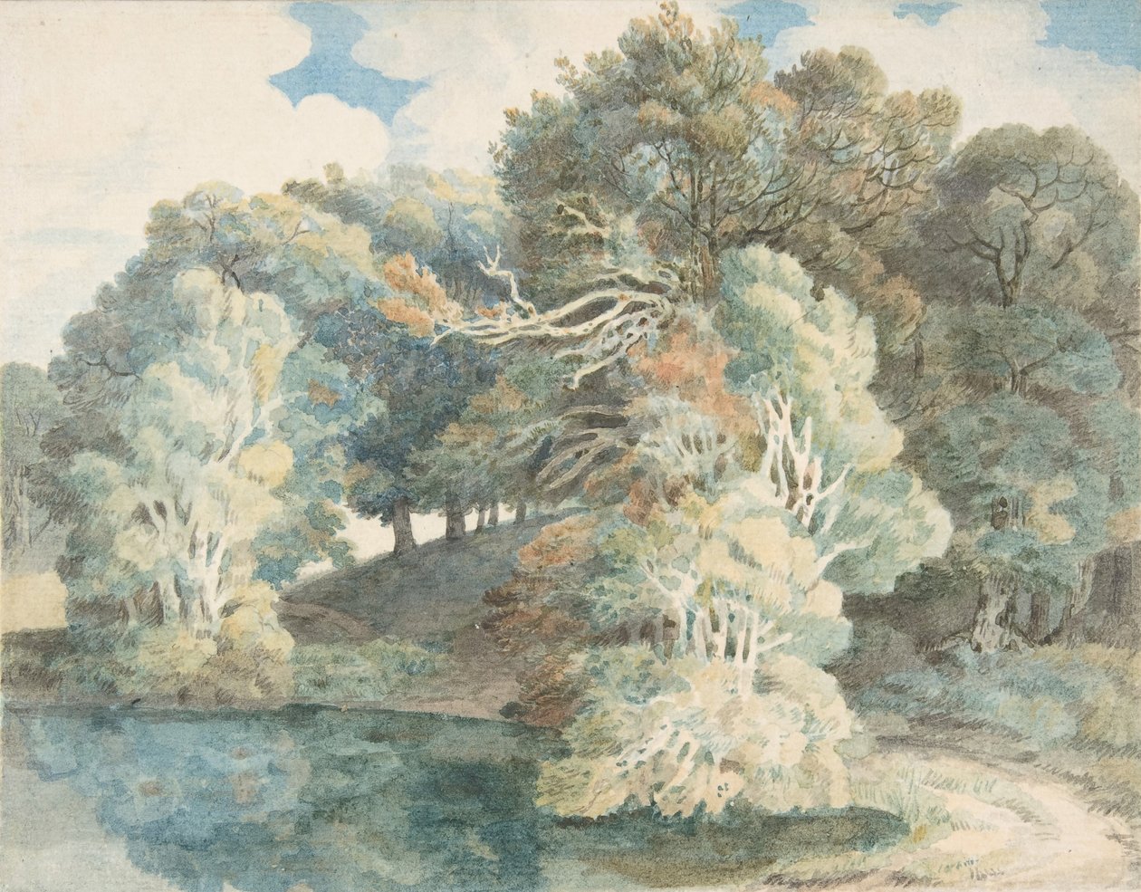 Træer ved søen, Peamore Park, nær Exeter, Devon, 1790-1810. af Francis Towne
