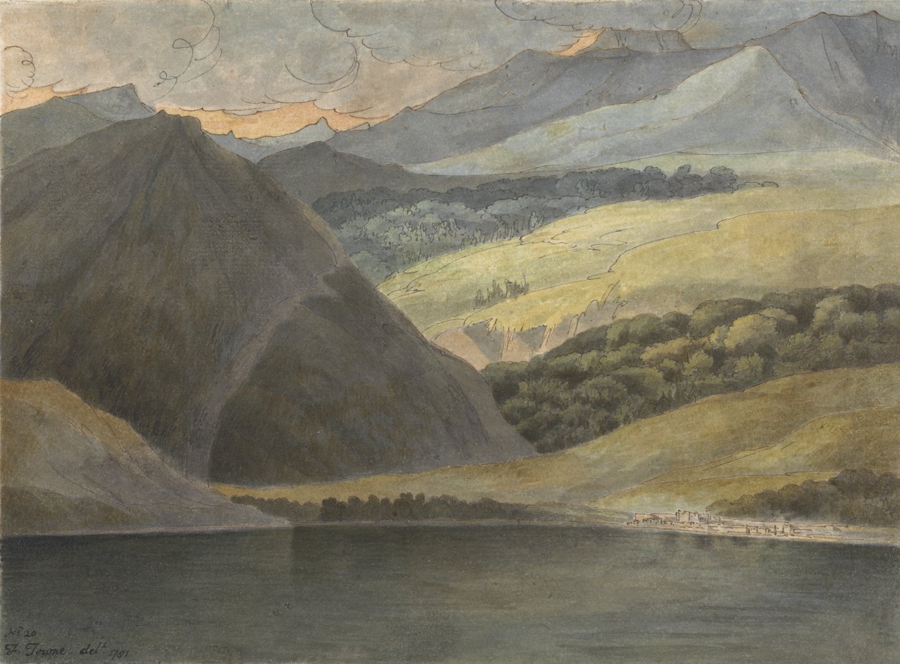 Udsigt over Lago Maggiore om aftenen, 1781 (pen og blæk med wc på papir) af Francis Towne