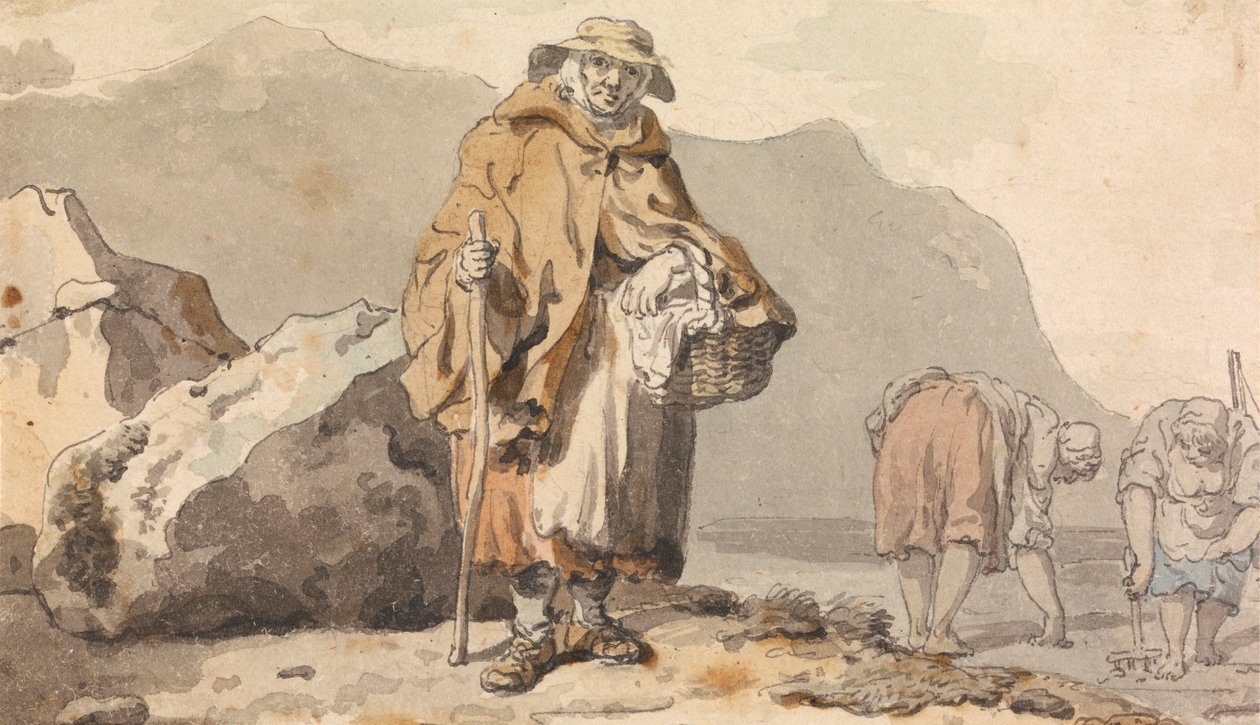 En gammel fiskerkvinde med to kvinder, der graver efter lokkemad af Francis Wheatley