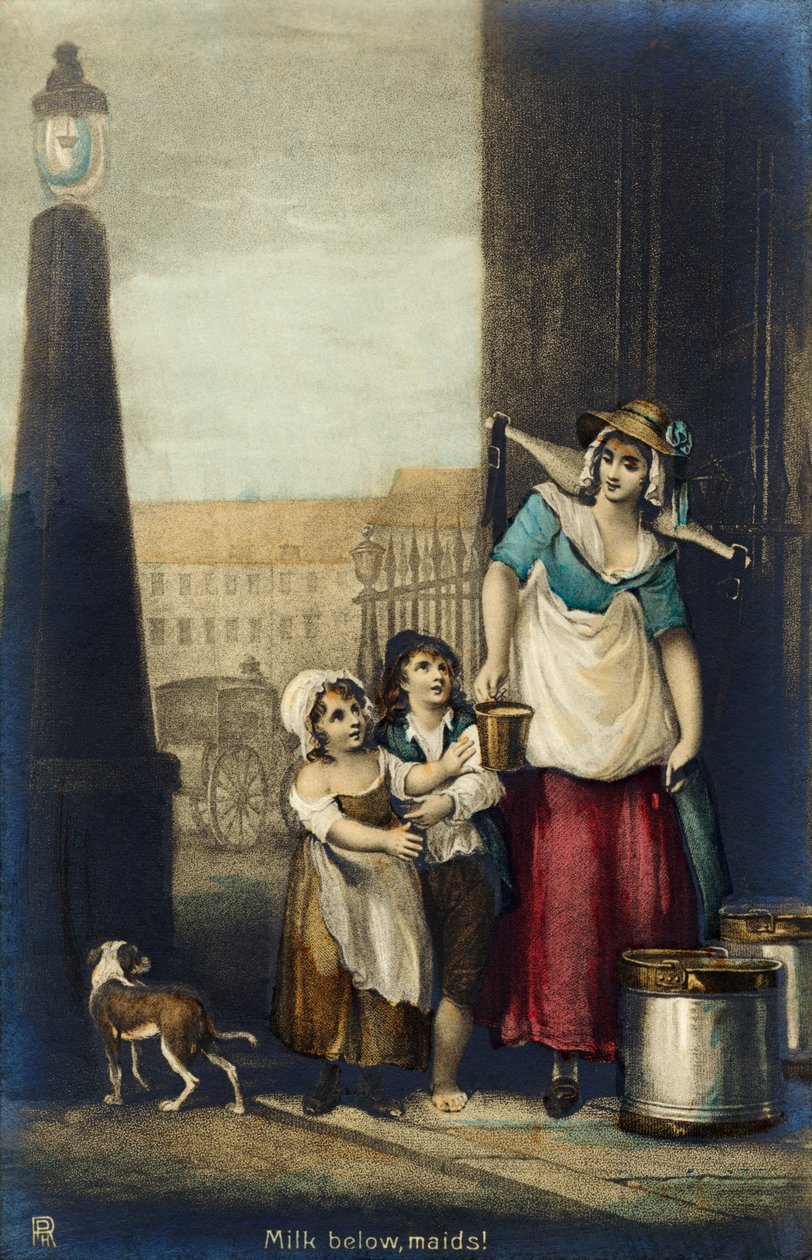 Handelskvinde i London, der sælger mælk: "Mælk nedenunder, piger! af Francis Wheatley