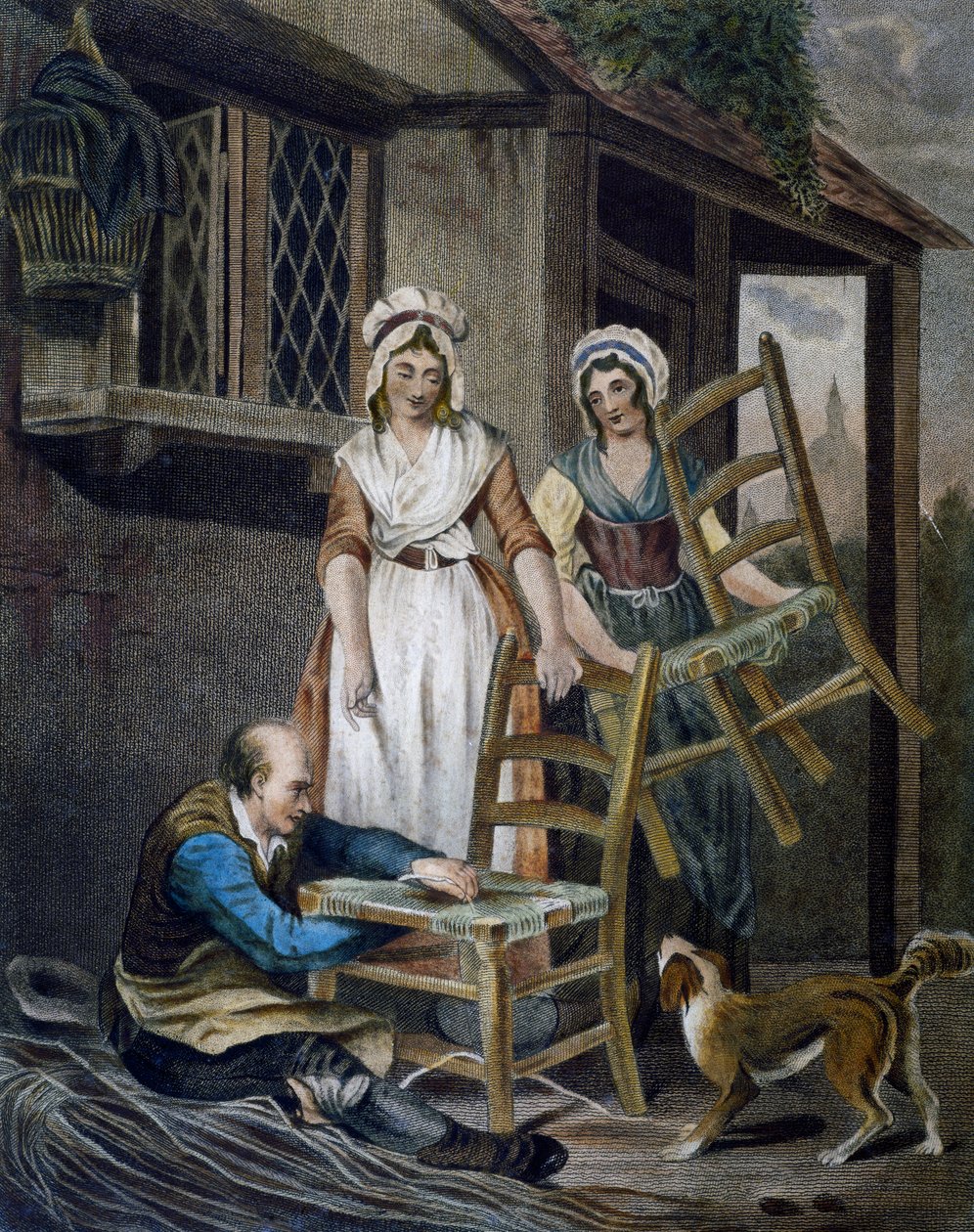Fremstilling af kurvestolssæder, gravering af Francis Wheatley (1747-1801) fra Cries i London, Storbritannien af Francis Wheatley