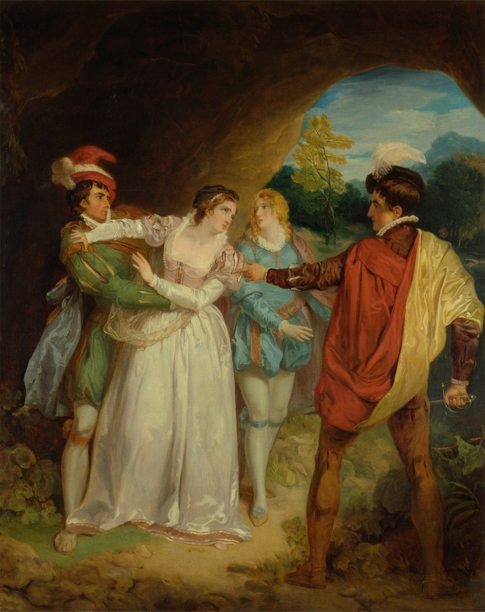 Valentine redder Sylvia fra Proteus, fra Shakespeares "The Two Gentlemen of Verona," Act V, Scene 4, The Outlaws