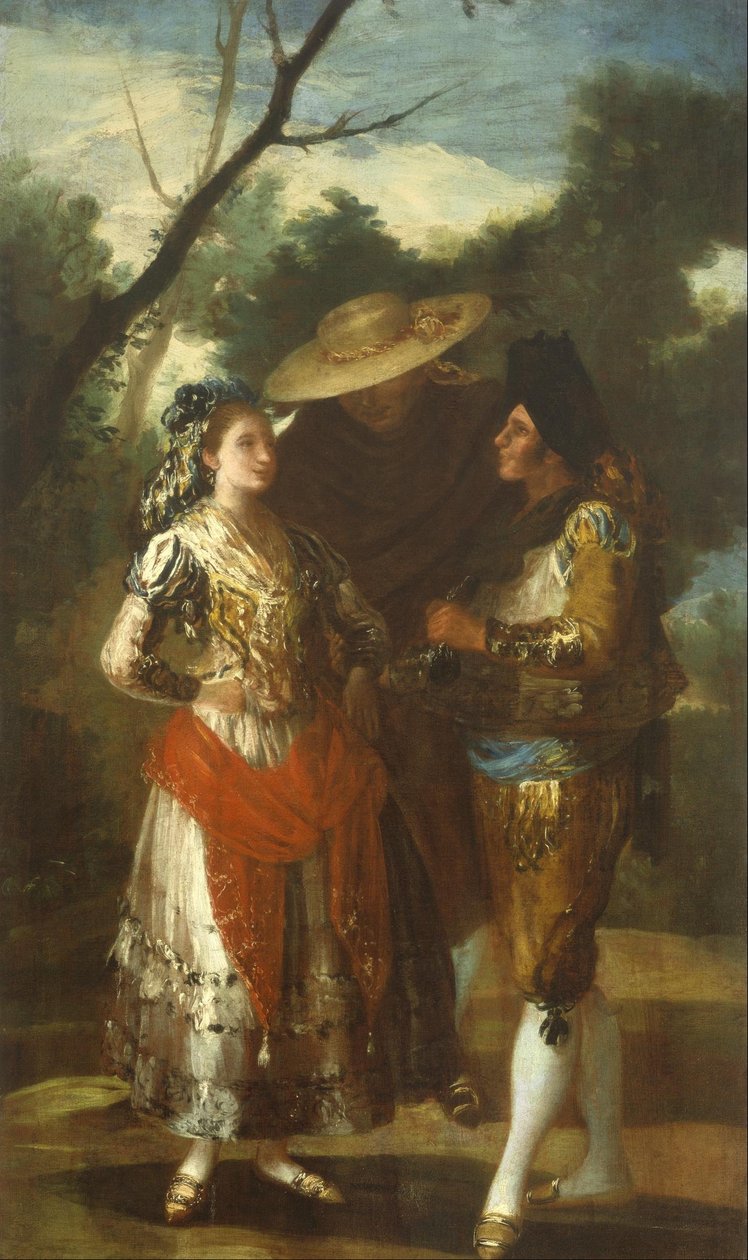 En Maja med to Toreros af Francisco de Goya