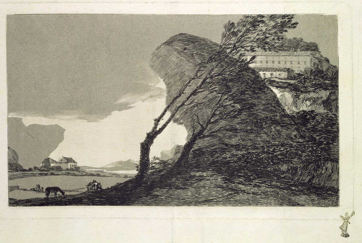 Landskab med store sten, bygninger og træer, før 1810 (ætsning og akvatinte) af Francisco de Goya