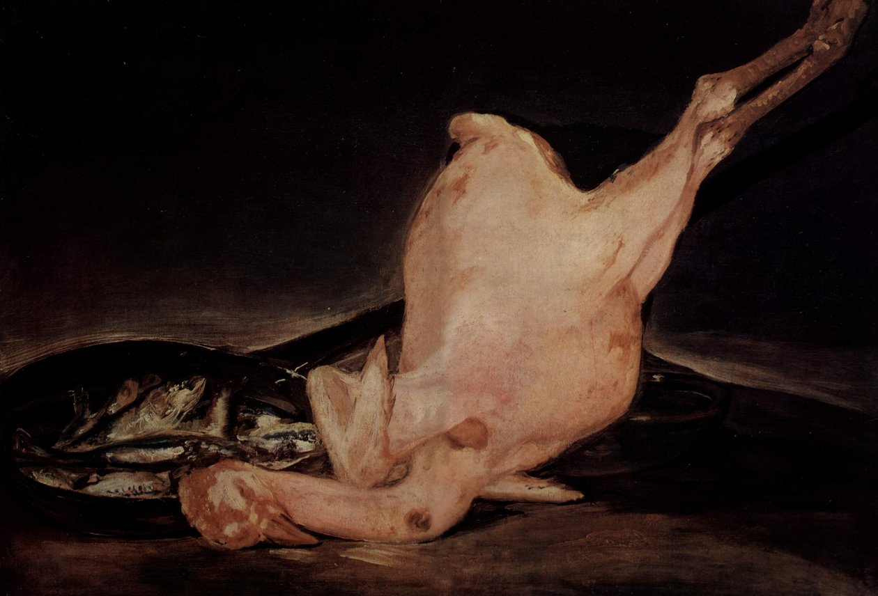 Stilleben, plukket kalkun og pande med fisk af Francisco de Goya
