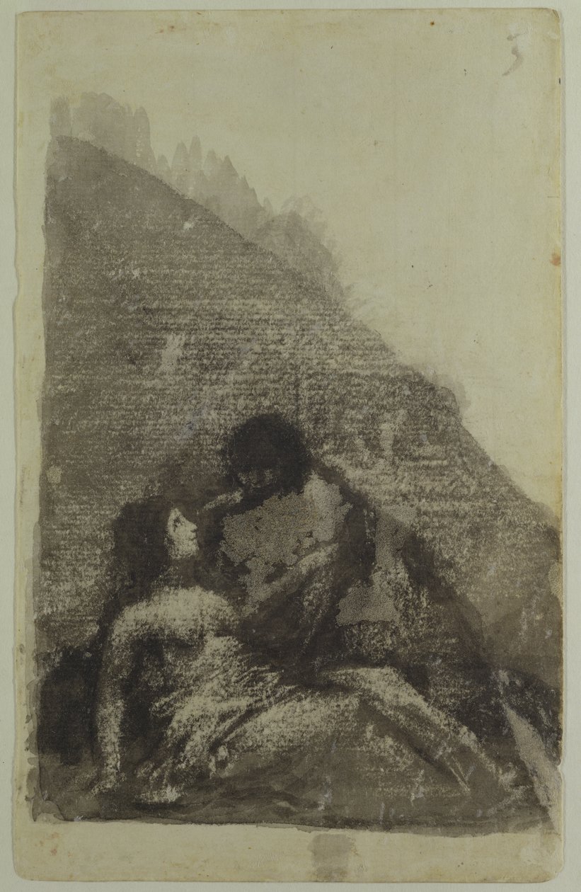 Elskere læner sig sammen i mørket (sort blæk og vask på papir) af Francisco de Goya