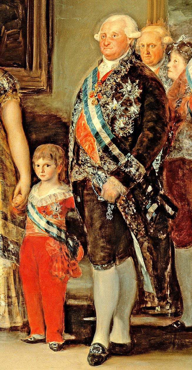 Kongen og Dronningen af Spanien, Charles IV og Maria Luisa, med deres familie, 1800 (detalje 471) af Francisco de Goya