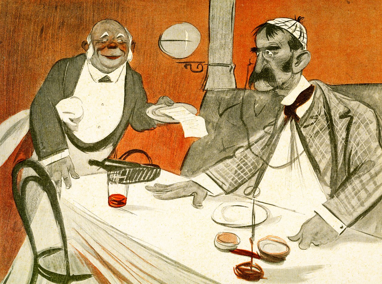 Theophile Delcasse bestrider regningen på en fransk restaurant, 1903 af Francisco Sancha y Lengo