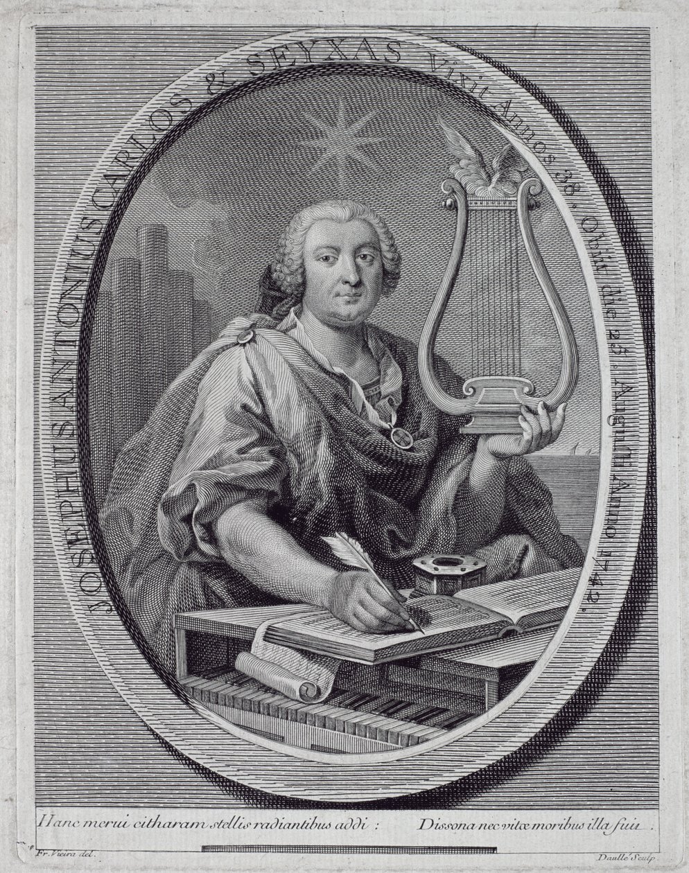 Portræt af Jose Carlos Seixas (1704-42) indgraveret af John Daulle (1703-63) af Francisco Vieira