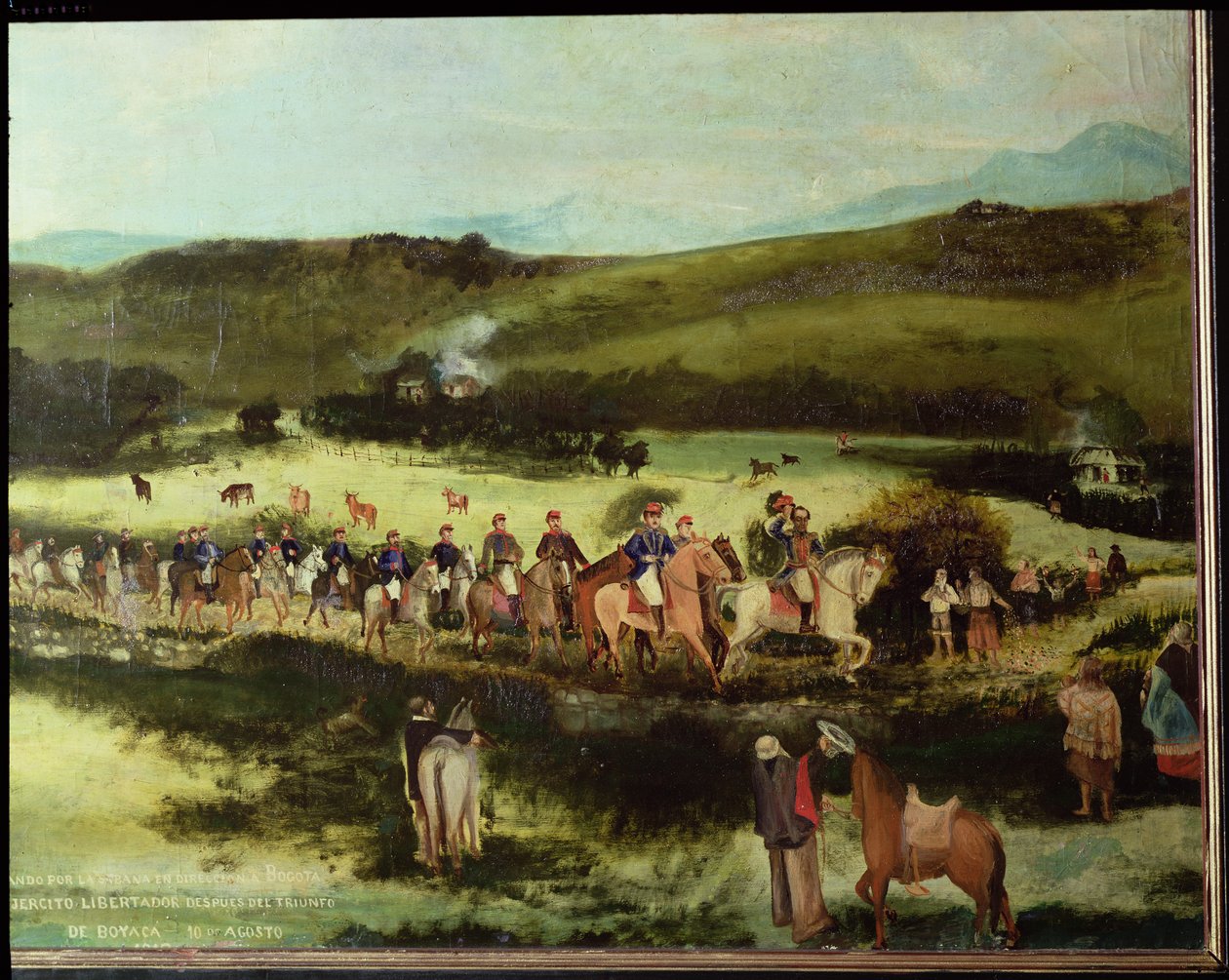Simon Bolivar (1783-1830) og Francisco de Paula Santander (1792-1840) rejser til Bogota med Libertadors hær efter Boyacas sejr, 10. august 1829 af Francisco de Paula Alvarez