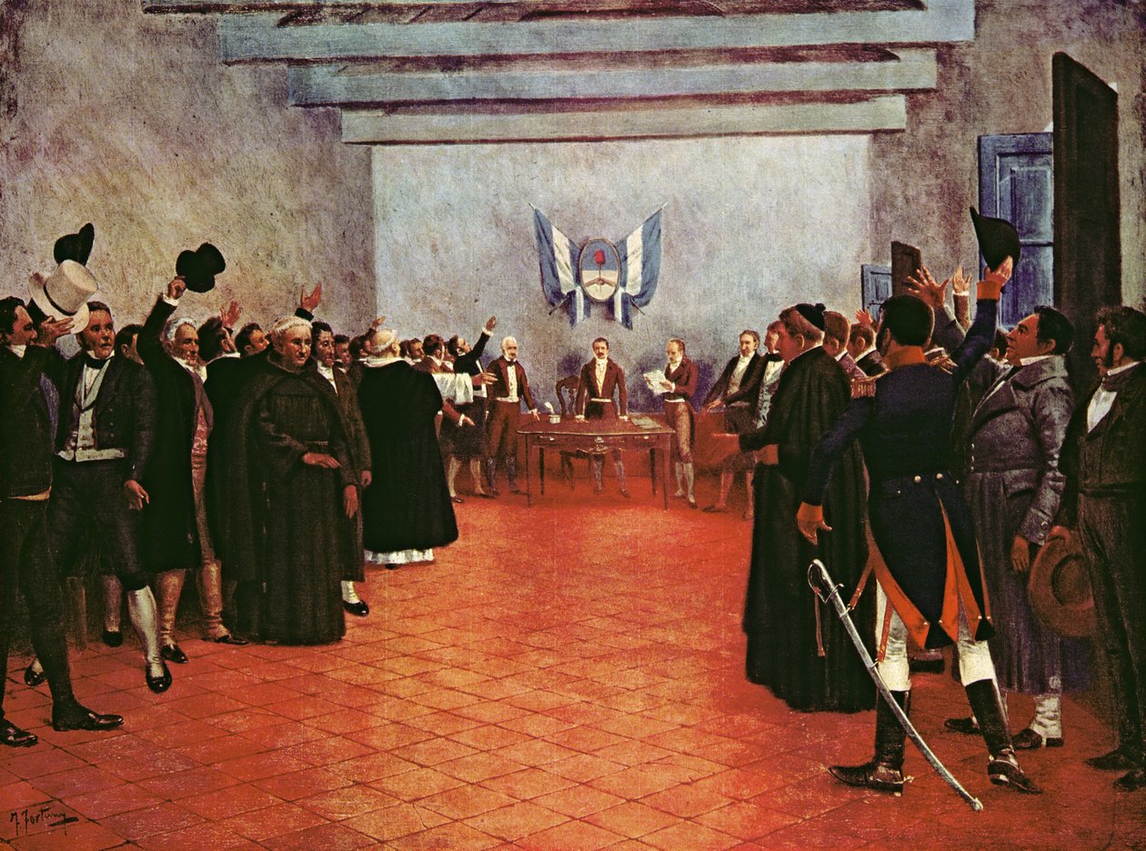 The Congress of Tucuman - Erklæring om uafhængigheden af de Forenede provinser Rio og Plata den 9. juli 1816 (farve litho) af Francisco (after) Fortuny