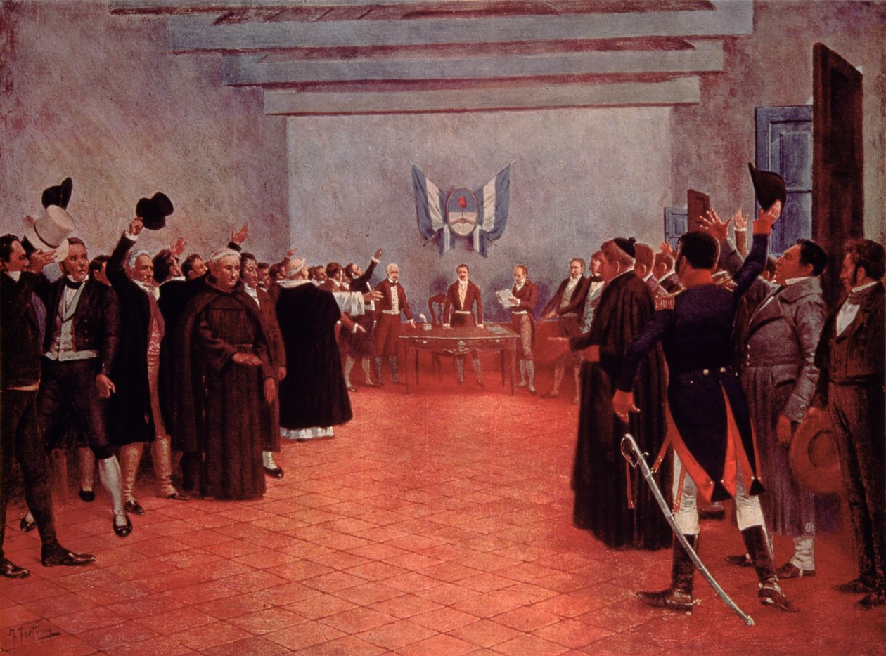Kongressen i Tucuman, Argentinas uafhængighedserklæring fra Spanien i 1816 (farve litho) af Francisco (after) Fortuny