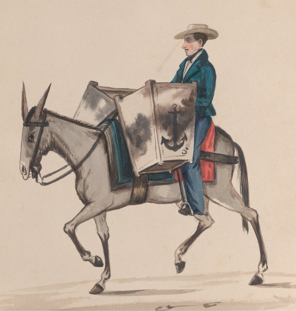 En bager til hest, fra en gruppe tegninger, der forestiller peruviansk kostume, ca. 1848. af Francisco