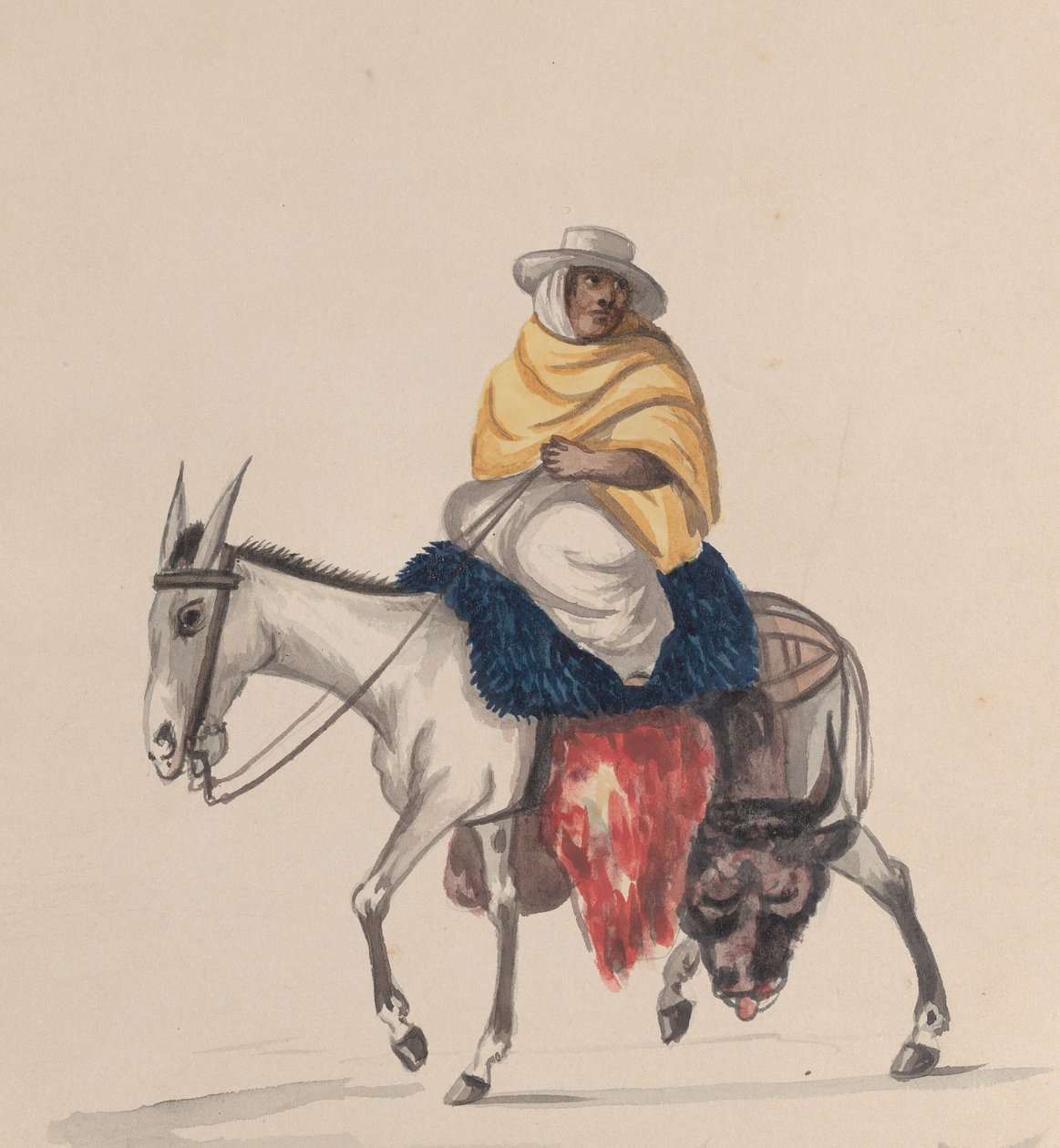 En slagter, der rider på et æsel, fra en gruppe tegninger, der forestiller peruviansk kostume, ca. 1848. af Francisco