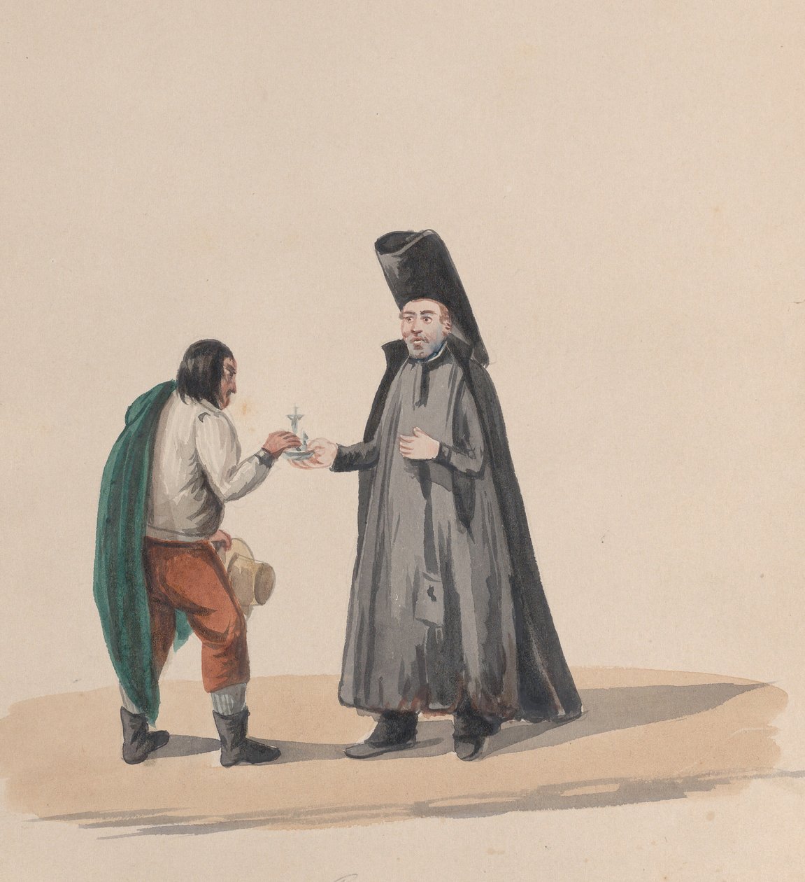 En kanon, der overrækker et krucifiks til en mand, fra en gruppe tegninger, der viser peruviansk kostume, 1848. af Francisco