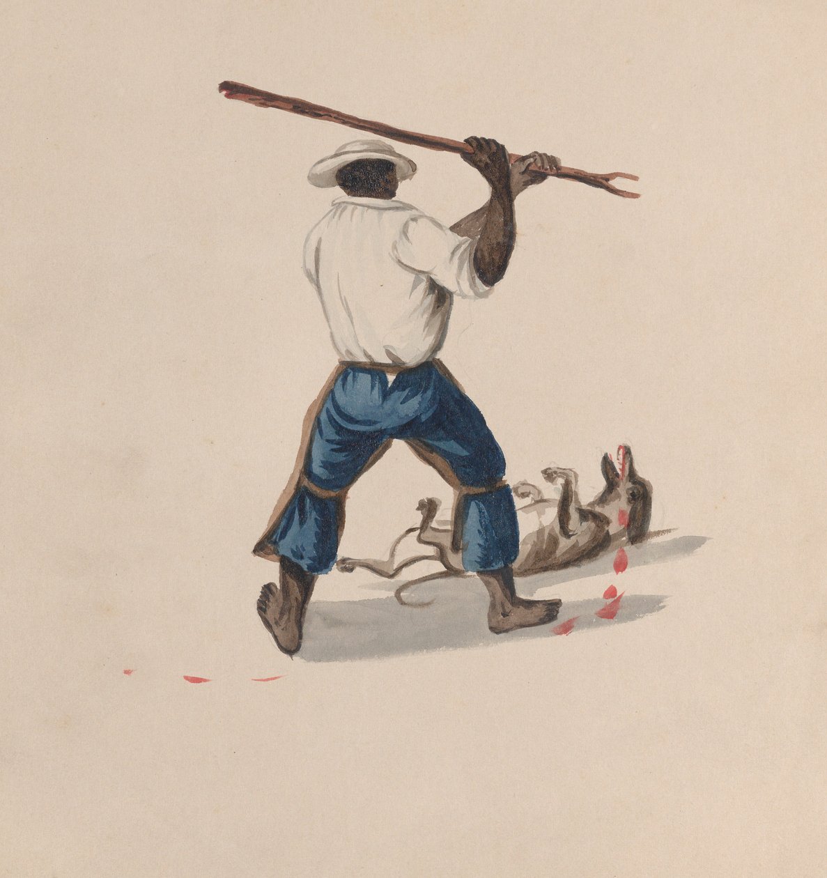 En mand set bagfra slå en hund med en pind, fra en gruppe tegninger, der viser..., ca. 1848 af Francisco