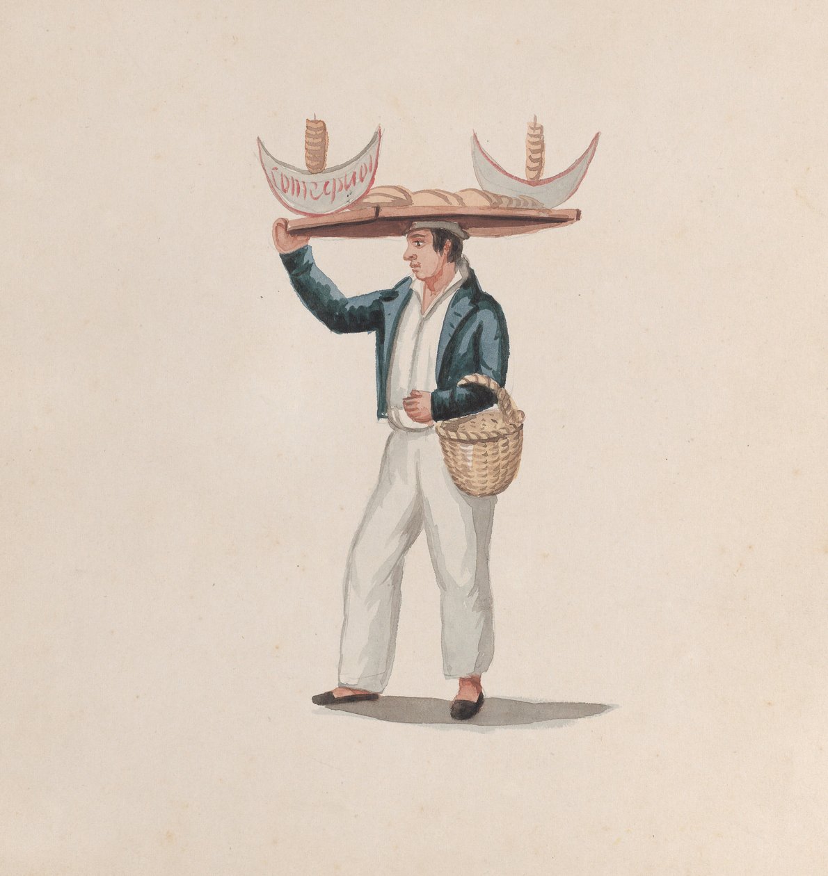 En tortillasælger, der balancerer en bakke på hovedet, fra en gruppe tegninger, der forestiller peruansk..., ca. af Francisco