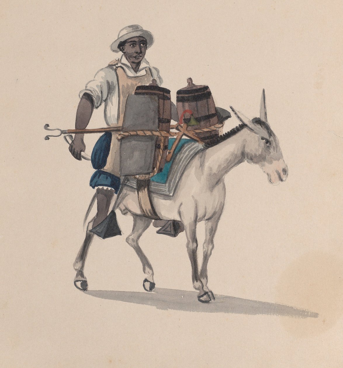 En vandvogn, der rider på et æsel, fra en gruppe tegninger, der forestiller peruviansk kostume, ca. 1848. af Francisco
