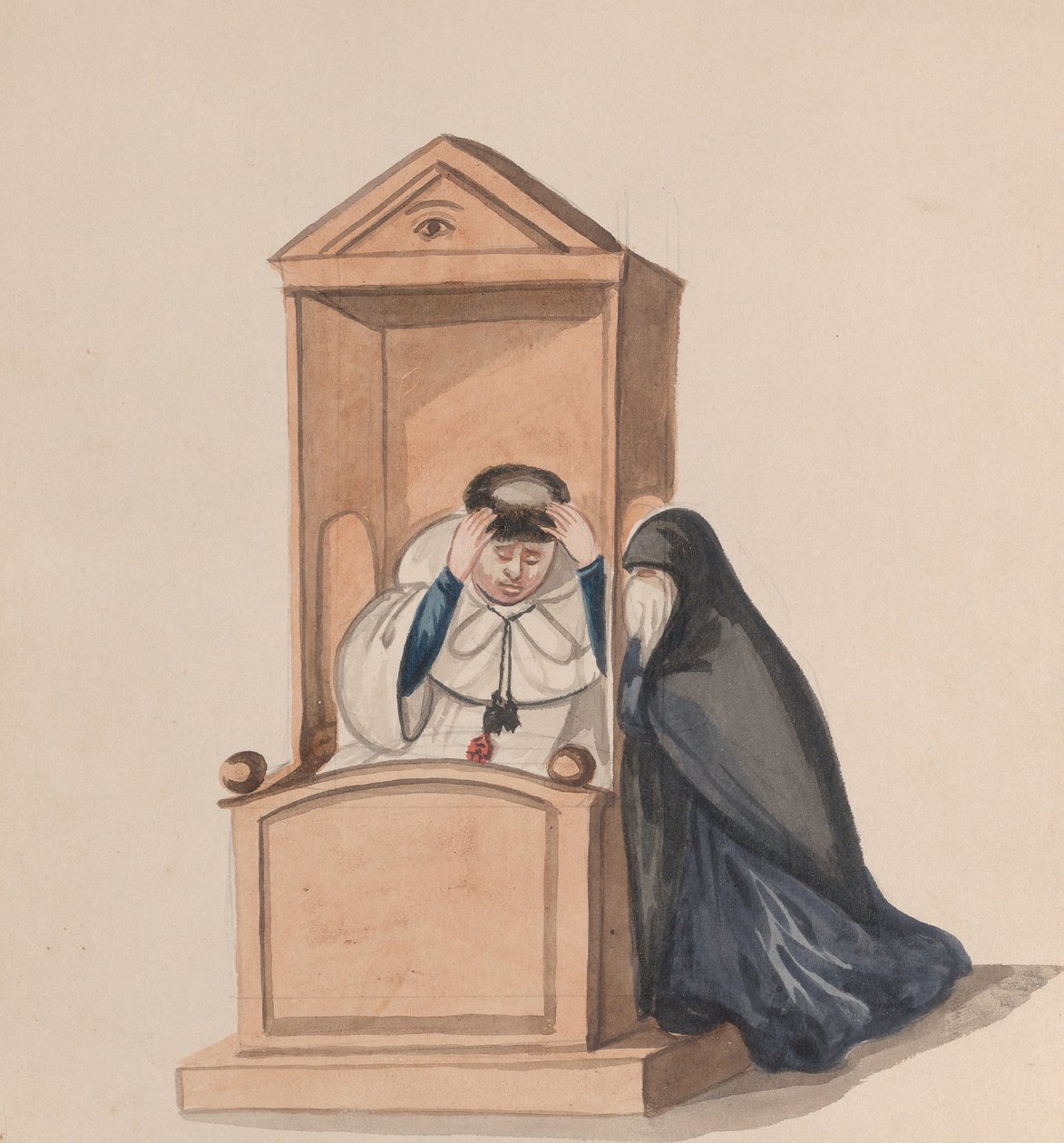 En kvinde, der bekender til en præst, fra en gruppe tegninger, der forestiller peruviansk kostume, ca. 1848. af Francisco