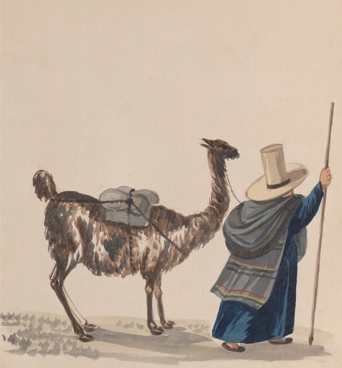 En kvinde, der går med en lama, fra en gruppe tegninger, der viser peruviansk kostume, ca. 1848. af Francisco