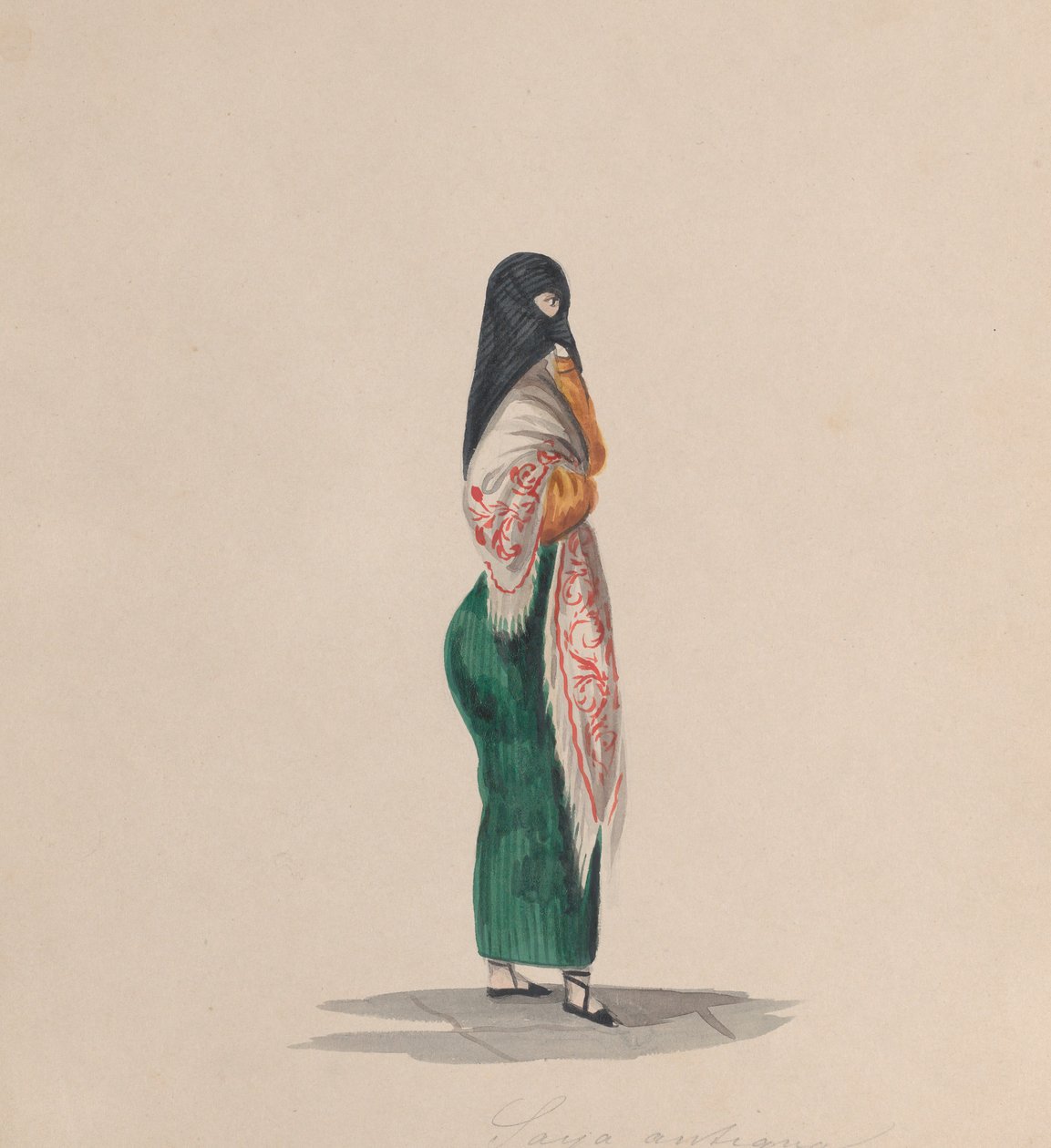 En kvinde iført saya stående i profil, fra en gruppe tegninger, der forestiller peruansk..., ca.184 af Francisco