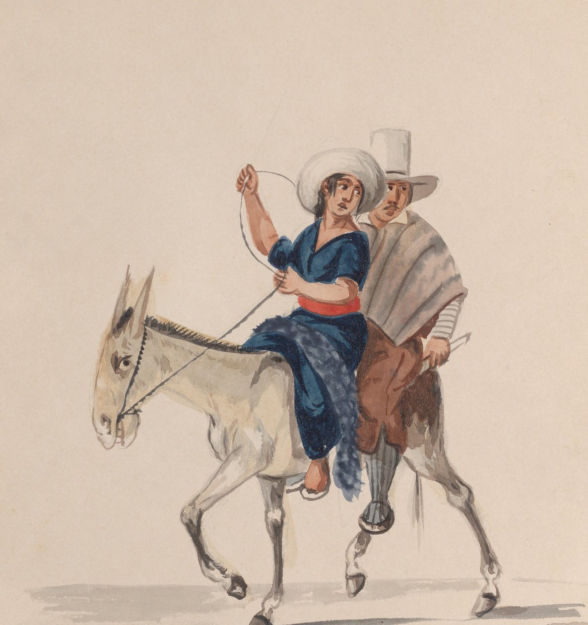 En indisk mand og kvinde, der rider på et æsel, fra en gruppe tegninger, der forestiller peruansk..., ca. 1848. af Francisco