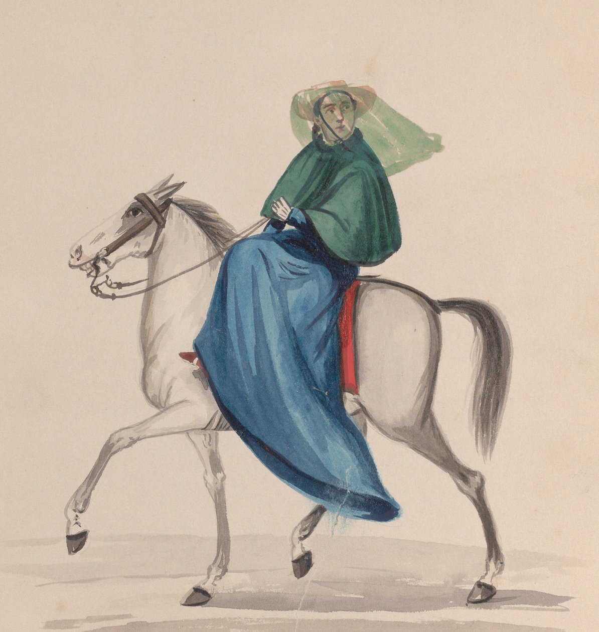 En elegant klædt kvinde til hest, fra en gruppe tegninger, der forestiller peruansk..., ca. 1848. af Francisco