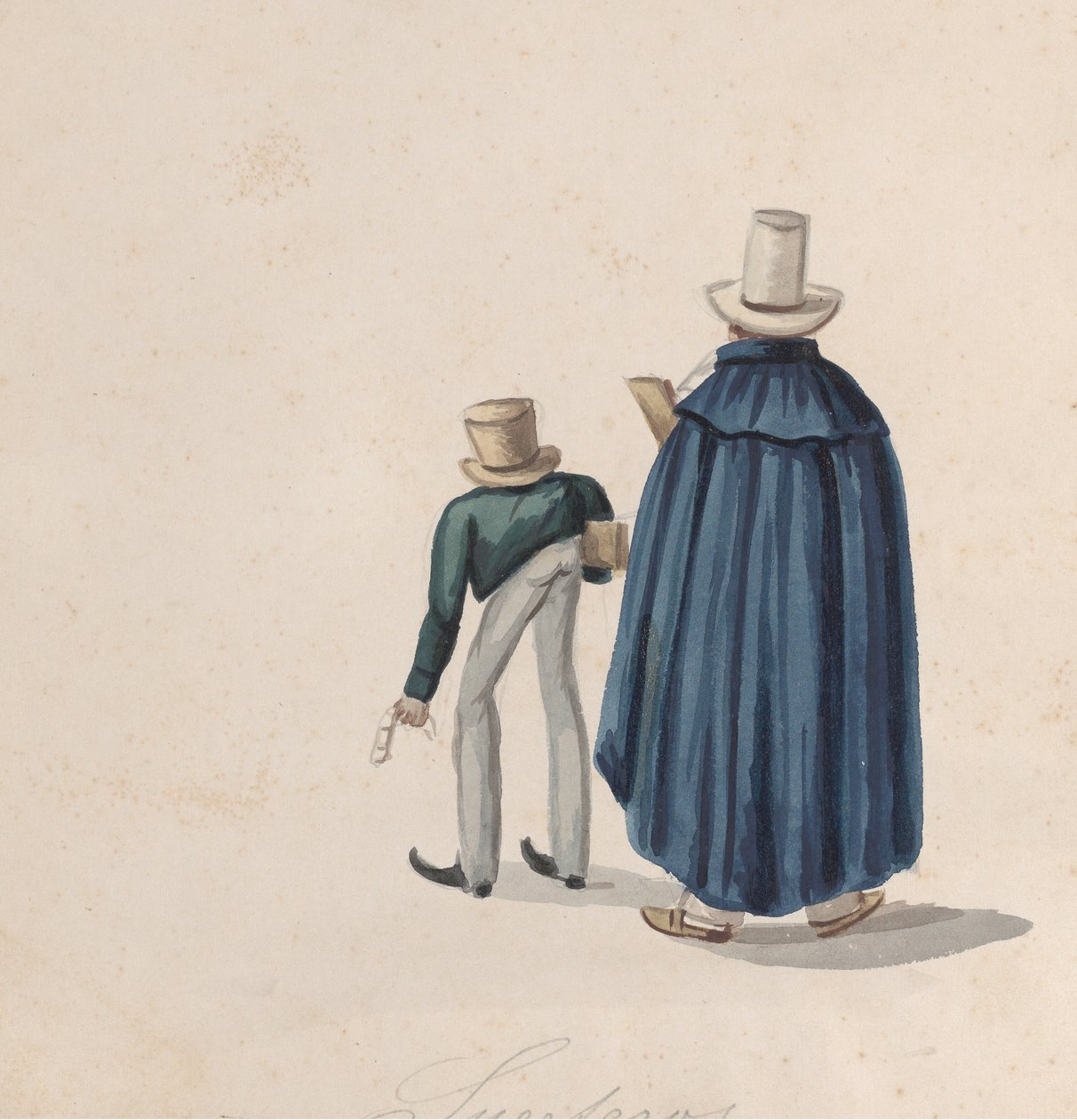 To peruvianske spåkoner iført tophatte set bagfra, fra en gruppe..., ca. 1848. af Francisco