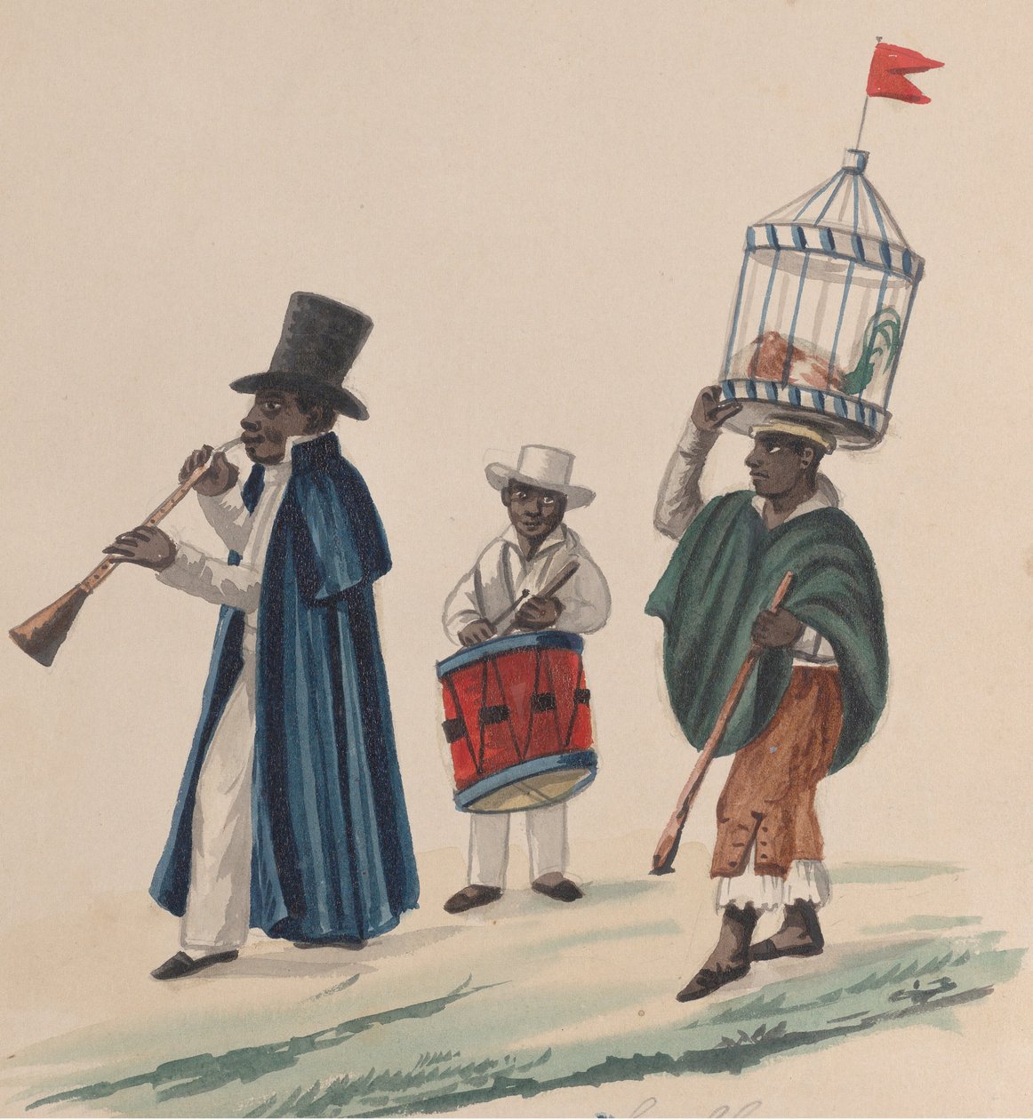 To musikere og en mand med en hane på hovedet i bur, fra en gruppe af..., ca. 1848. af Francisco