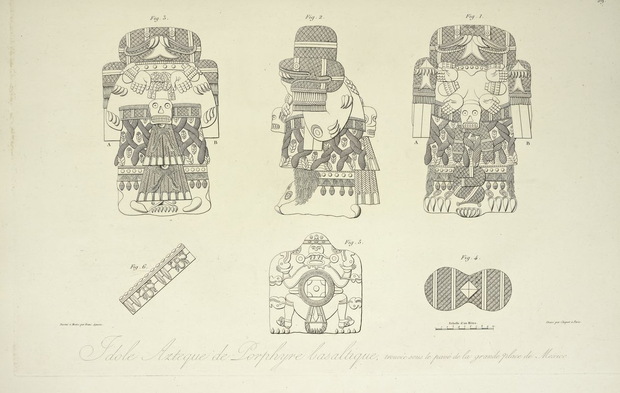 Aztec Idol of Basaltic Porphyry, fundet under Grand Plaza of Mexico City, indgraveret af Cloquet, illustration fra 
