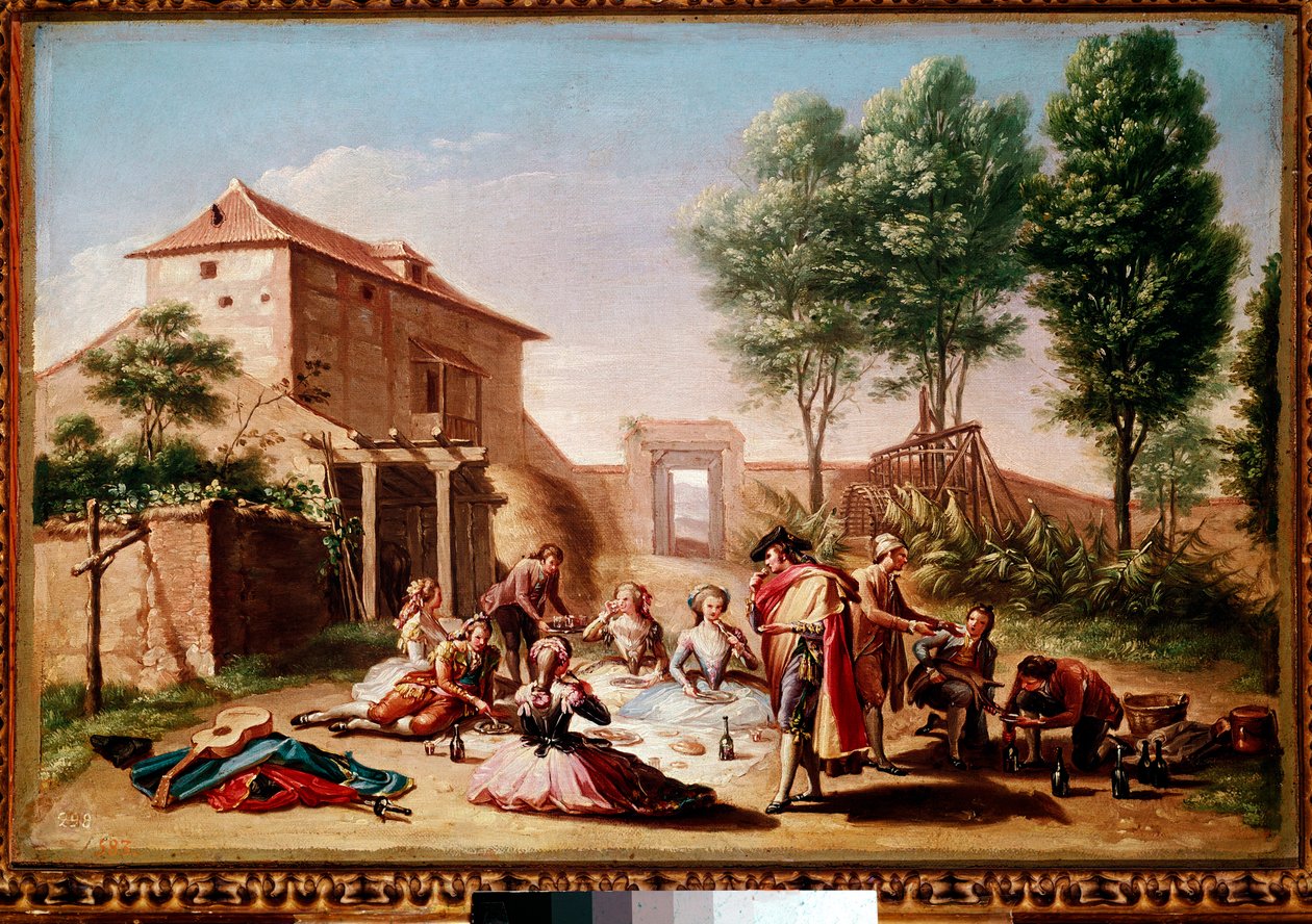 Lunch in the countryside: young people of the bourgeoisie playing a picnic. Painting by Francisco Bayeu and Subias Dani af Francisco Bayeu y Subias