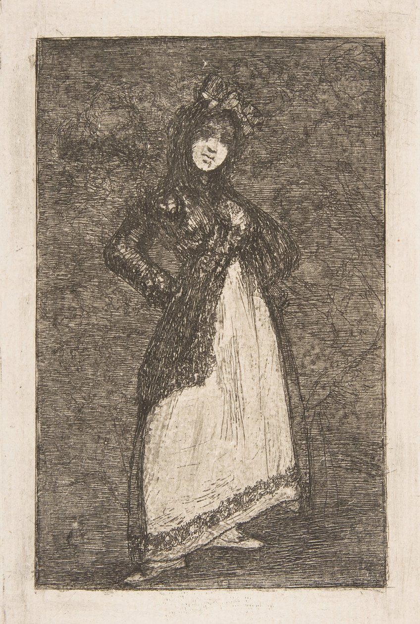En Maja stående mod en mørk baggrund Maja. af Francisco de Goya