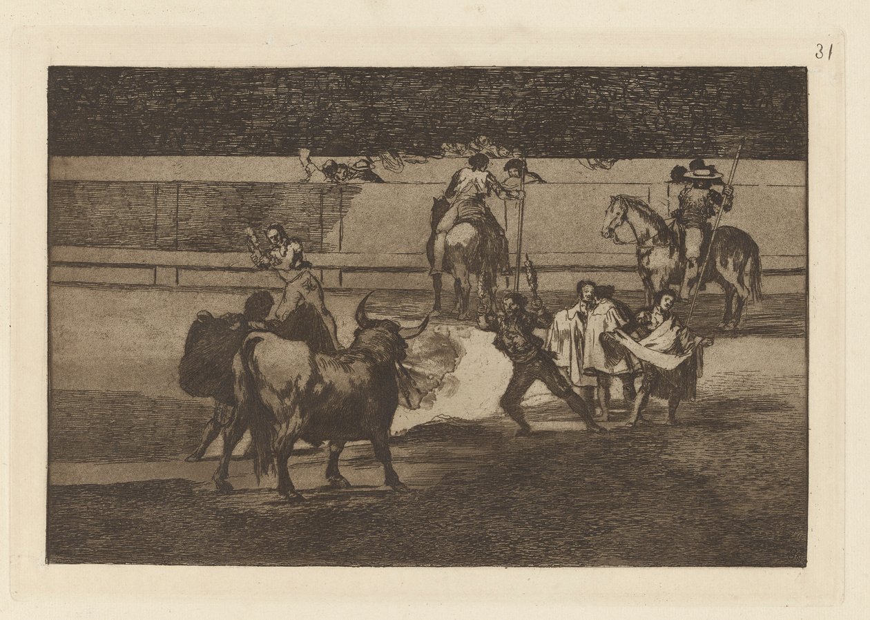 Fire Banderillas (Banderillas with Firecrackers), Plade 31 fra Tyrefægtning af Francisco de Goya