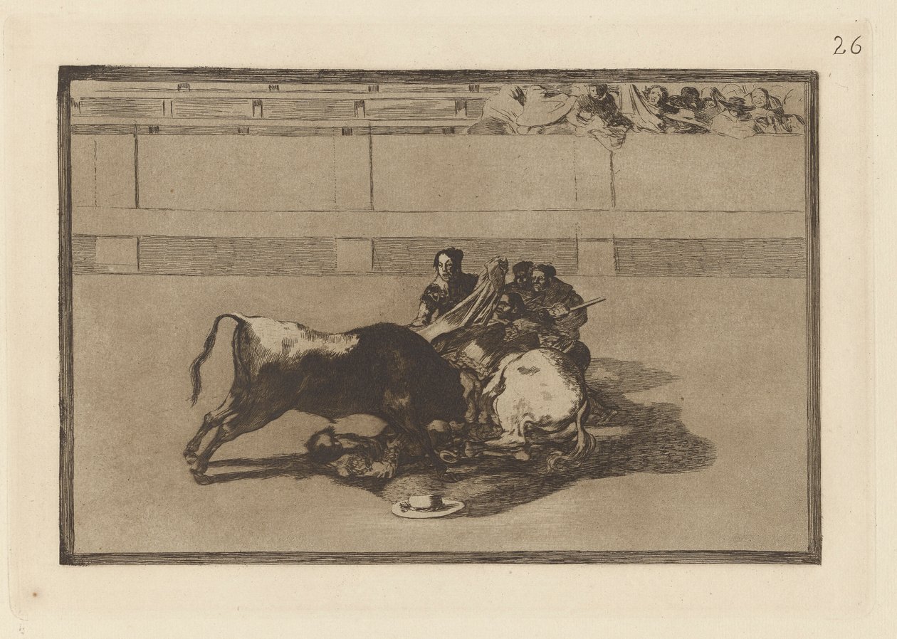 Fald af en picador fra hans hest under tyren (A Picador er unhorsed og falder under tyren), plade 26 fra La tauromaquia af Francisco de Goya