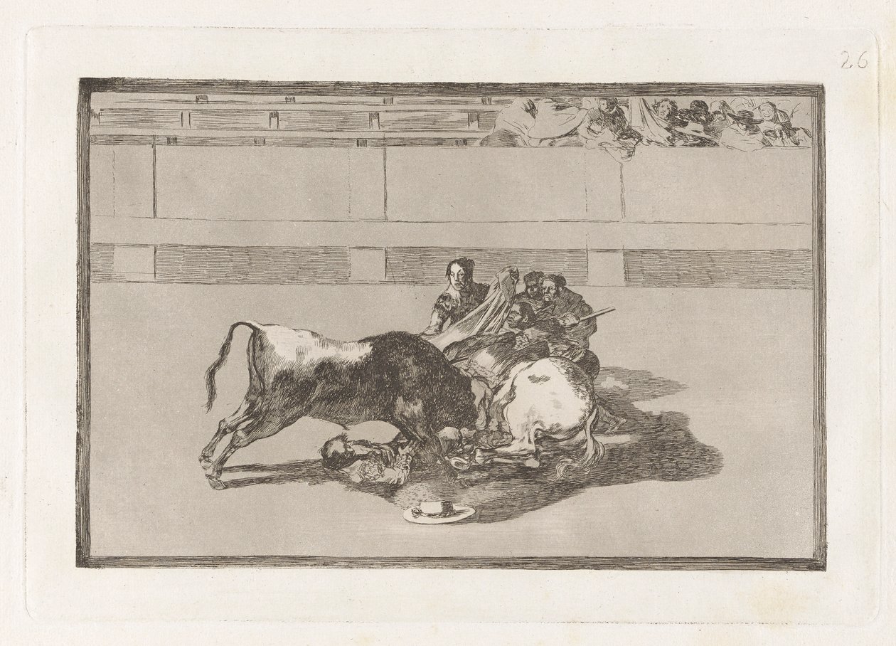Fald af en picador fra hans hest under tyren (A Picador er unhorsed og falder under tyren), plade 26 fra La tauromaquia af Francisco de Goya