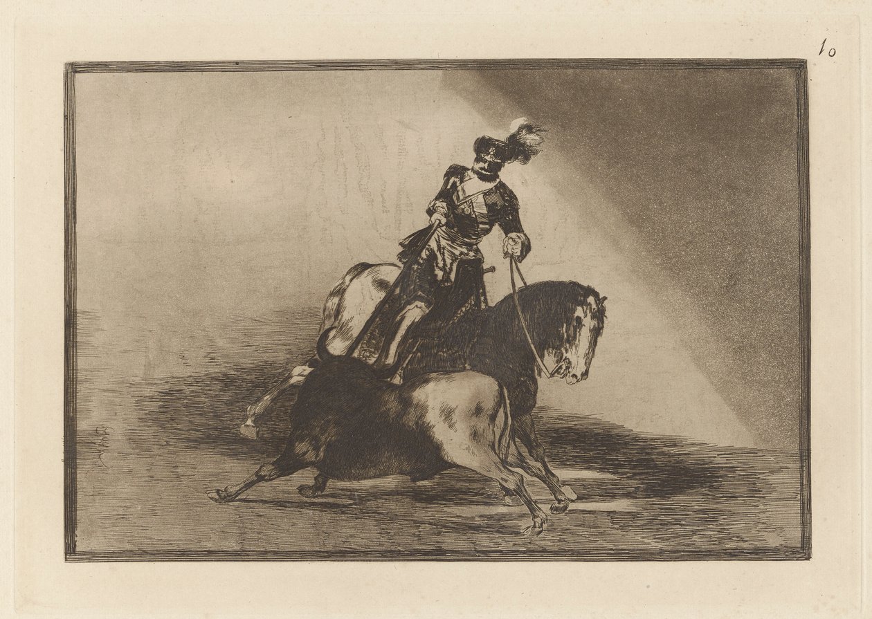 Carlos V. Spearing a Bull in the Plaza de Valladolid (Charles V. Spearing a Bull in the Ring at Valladolid), Plade 10 fra La tauromaquia af Francisco de Goya
