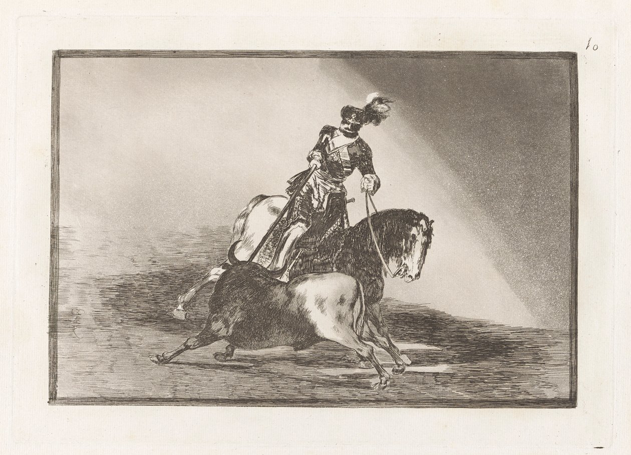Carlos V. lanceando un toro en la plaza de Valladolid (Charles V spyder en tyr i ringen ved Valladolid), plade 10 fra La tauromaquia af Francisco de Goya