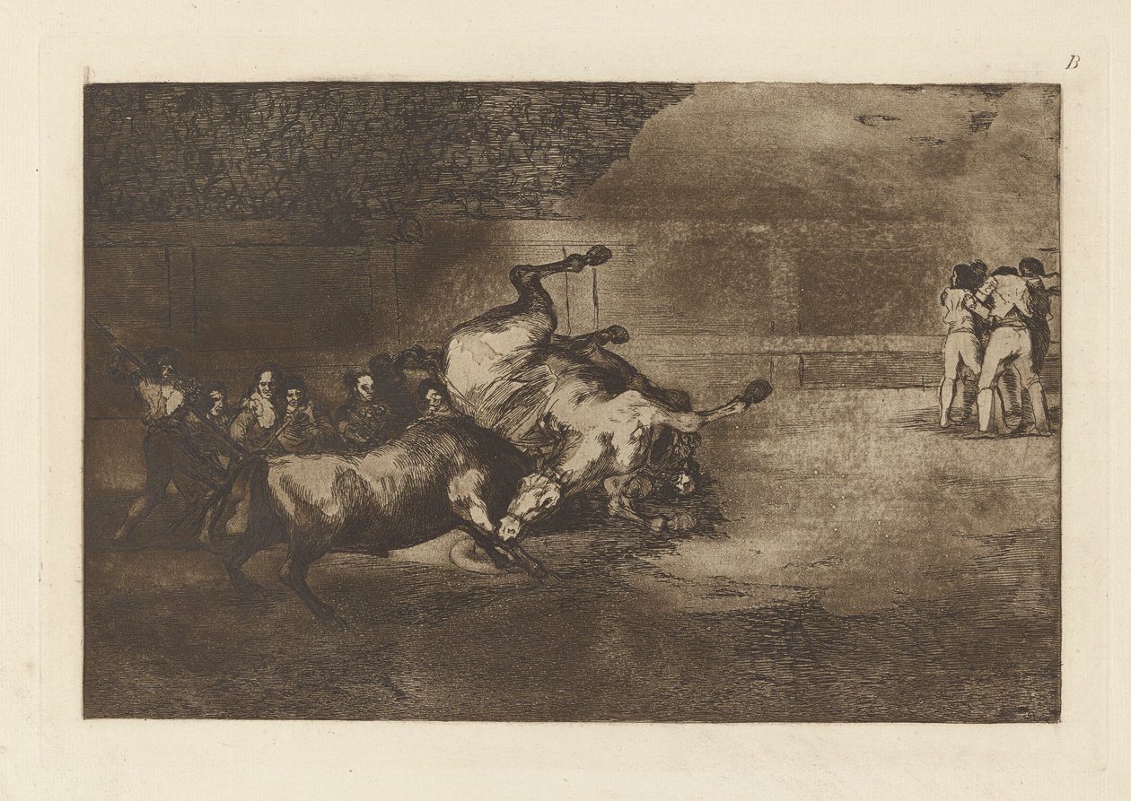 Hest kastet af en tyr, plade B fra La tauromaquia (tredje udgave) af Francisco de Goya