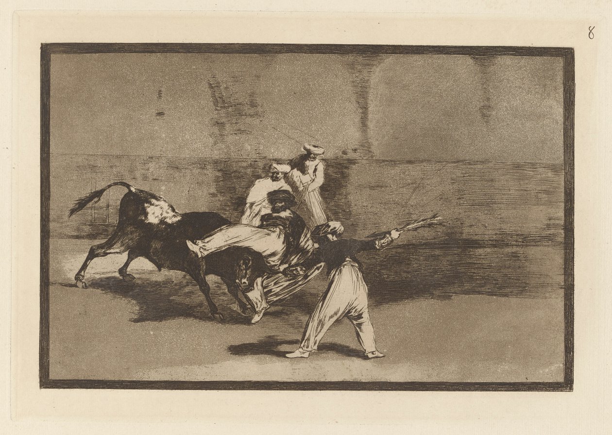 Cogida de un Moro estando en la plaza (En hede fanget af Tyren i Ringen), Tavle 8 fra La tauromaquia af Francisco de Goya