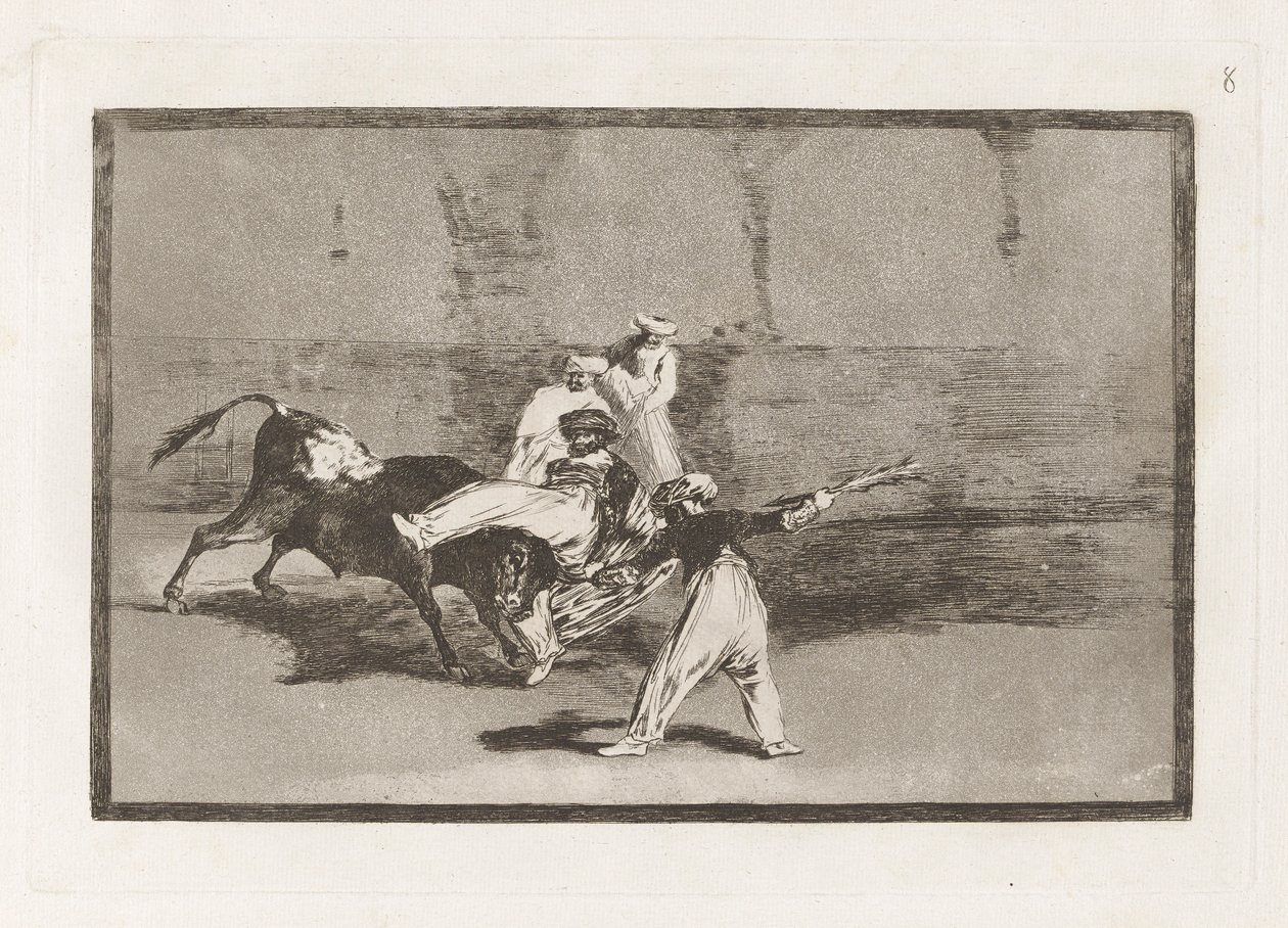 Cogida de un moro estando en la plaza (En hede fanget af tyren i ringen), plade 8 fra La tauromaquia af Francisco de Goya