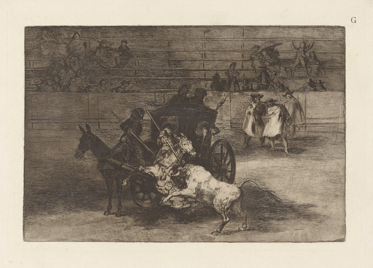 Kæmp i en vogn spændt til to muldyr, plade G fra La tauromaquia (tredje udgave) af Francisco de Goya