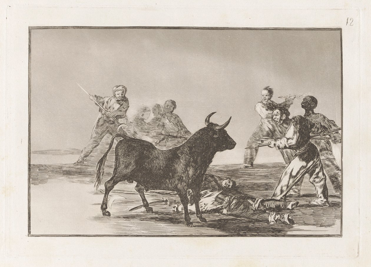 The Rabble Hamstring Tyren med lanser, segl, Banderillas og andre arme, plade 12 fra La tauromaquia af Francisco de Goya
