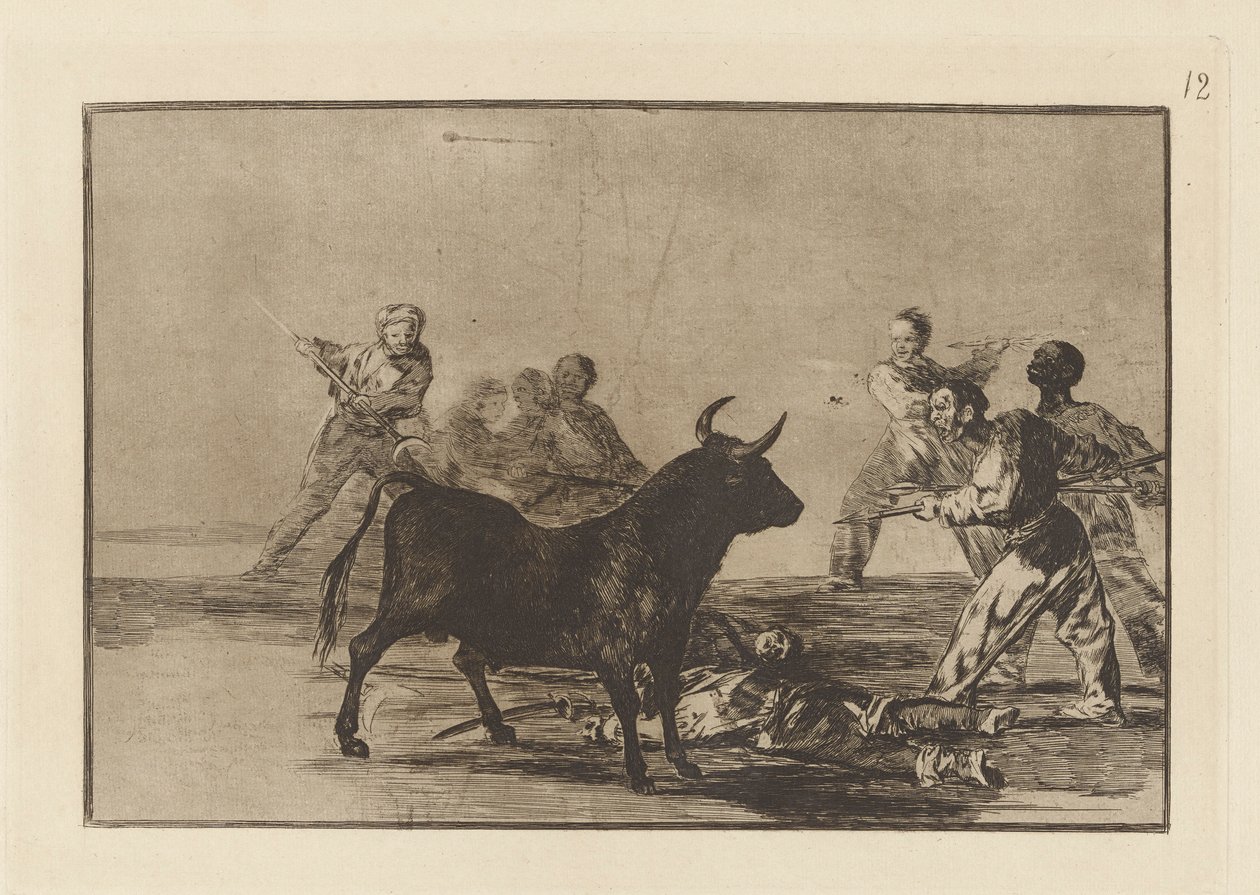 The Rabble Hamstring Tyren med lanser, segl, Banderillas og andre arme, plade 12 fra La tauromaquia af Francisco de Goya