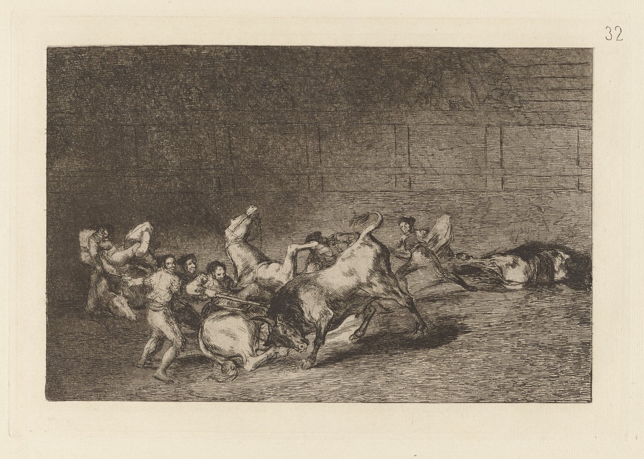To hold af Picadors kastet efter hinanden af ​​en enkelt tyr, plade 32 fra La tauromaquia af Francisco de Goya