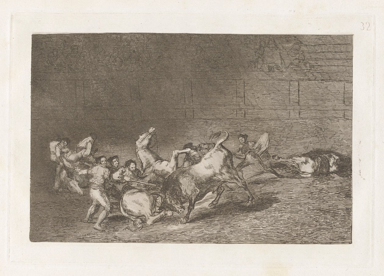 To hold af Picadors kastet efter hinanden af ​​en enkelt tyr, plade 32 fra La tauromaquia af Francisco de Goya