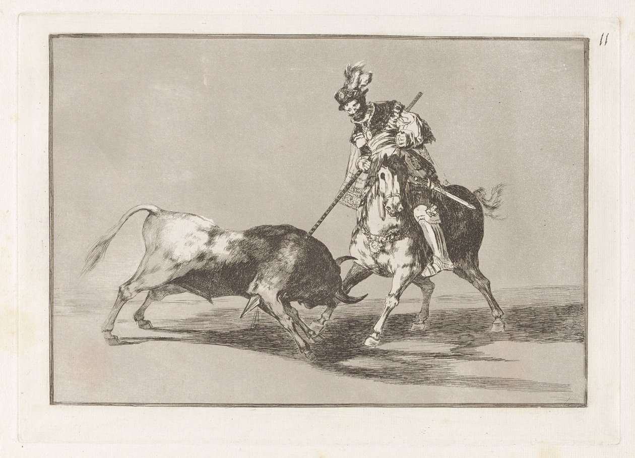 El Cid Campeador, der spyder en anden tyr (The Cid Campeador, der spyder en anden tyr), plade 11 fra La tauromaquia af Francisco de Goya