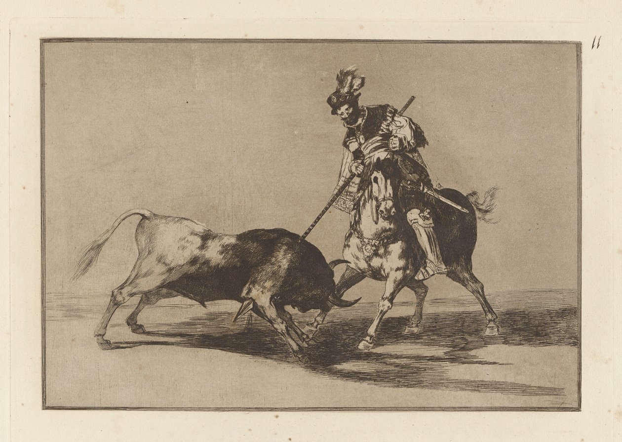 El Cid Campeador, der spyder en anden tyr (The Cid Campeador, der spyder en anden tyr), plade 11 fra La tauromaquia af Francisco de Goya