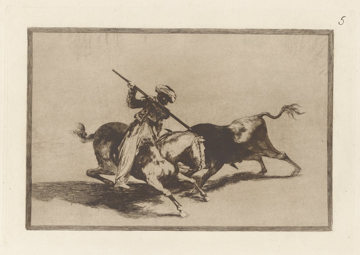 Den livlige Moro Gazul er den første til at lancere? tyre i orden (The Spirited Moor Gazul er den første til at spyd tyre ifølge reglerne), Plade 5 fra La tauromaquia af Francisco de Goya